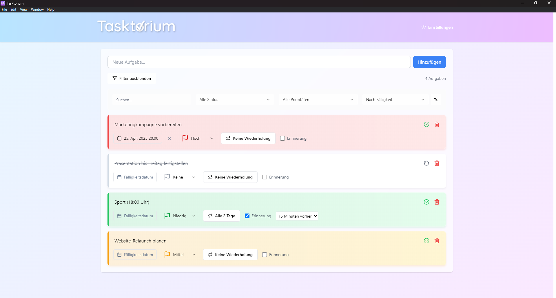 Screenshot der Tasktorium App zeigt die Aufgabenliste