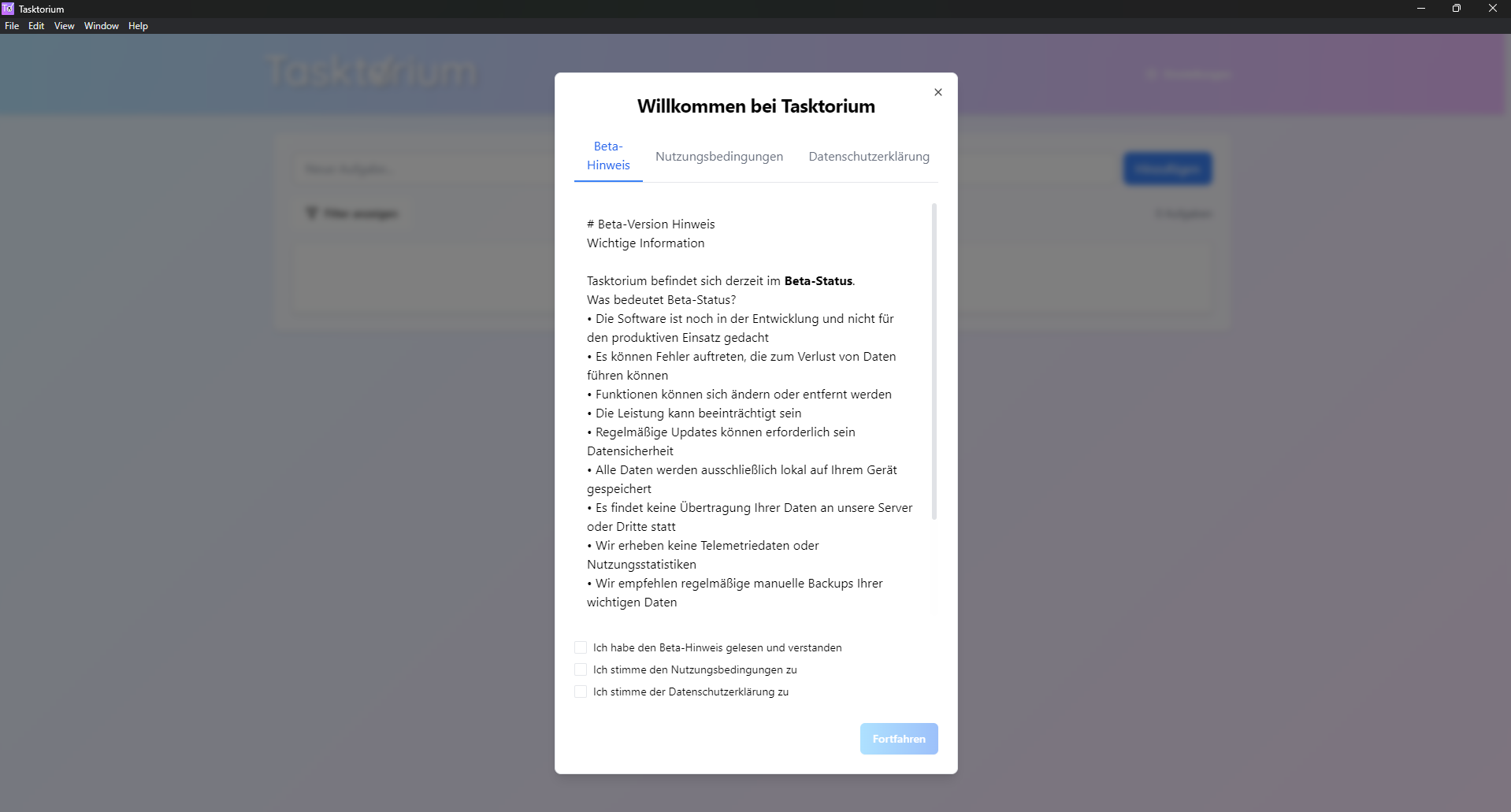 Tasktorium Hauptfenster nach dem ersten Start