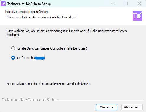 Tasktorium Installationsassistent mit Installationsoptionen